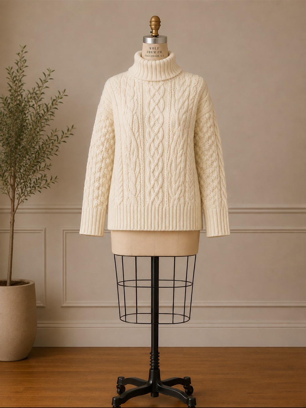Lands' End Cream Cable-Knit Turtleneck Sweater